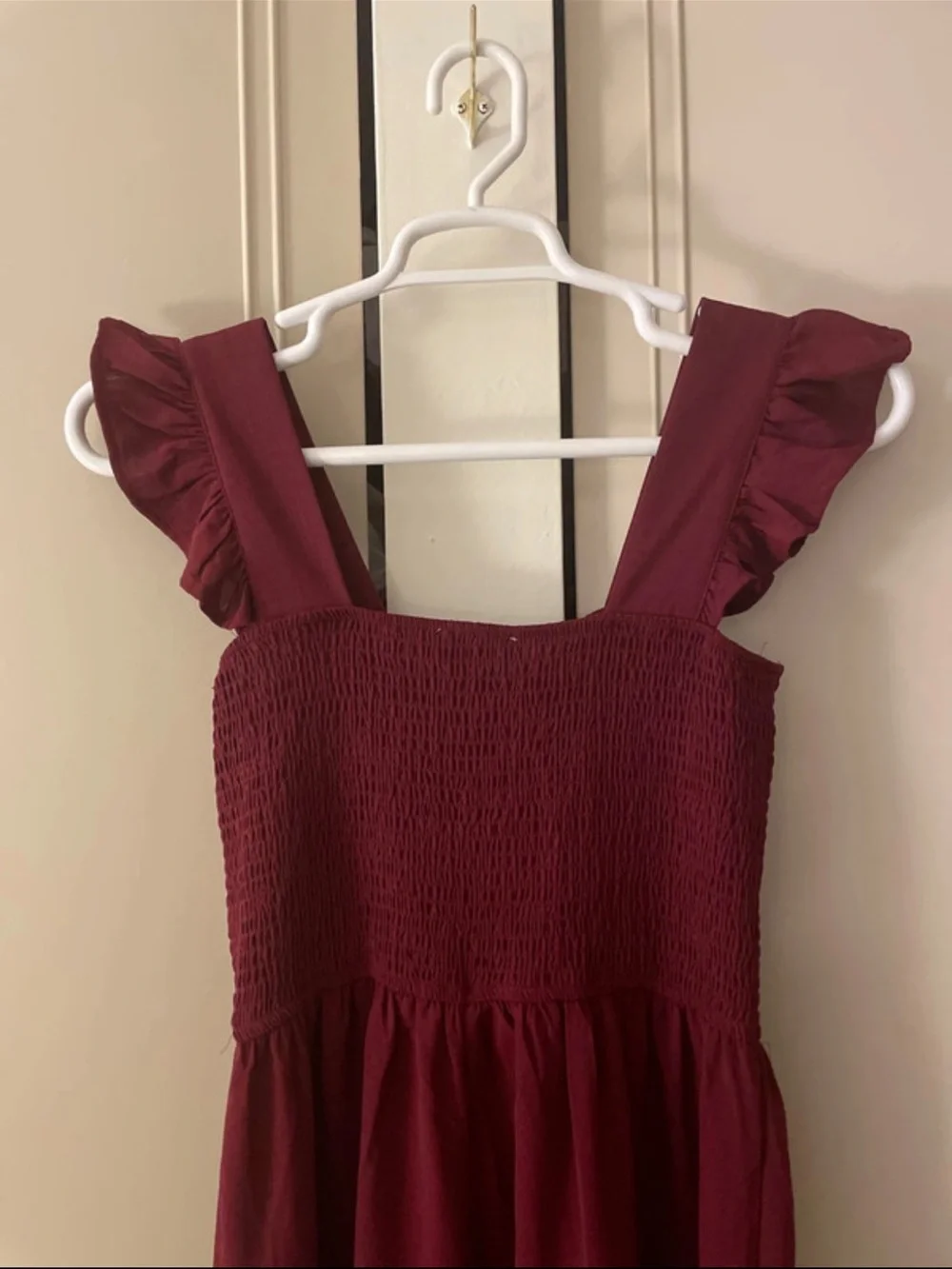 Inspired Hearts Wine Ruffle-Shoulder Maxi Dress